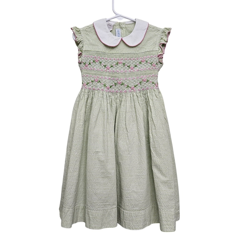 Vive La Fete Smocked Dress Girls 4 Green Seersucker Floral Easter Southern‎